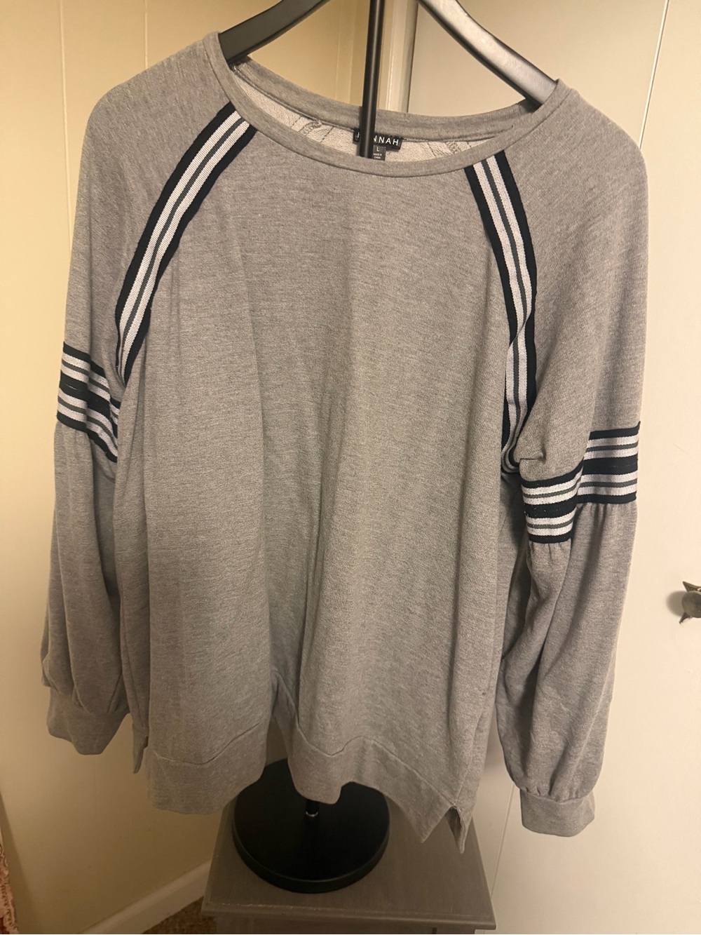 Hannah Light Gray Crewneck Sweater with Navy & White Stripes